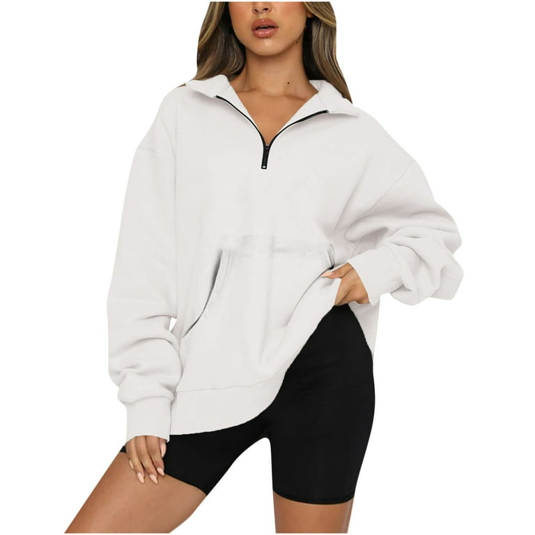 XFLWAM Womens Oversized Half Zip Pullover Solid Color Long Sleeve