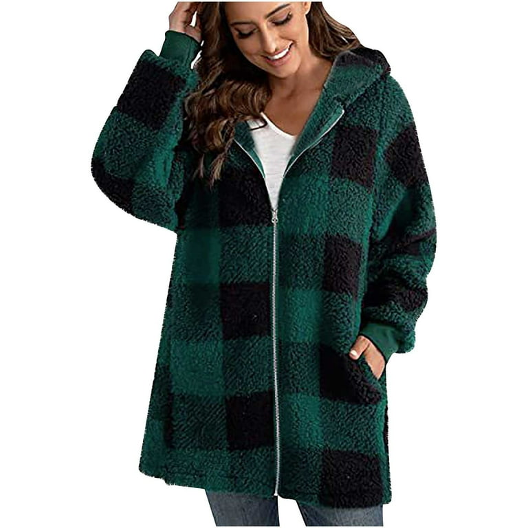 XFLWAM Womens Oversized Plaid Sherpa Fuzzy Fleece Winter Coats Open Front Hooded Cardigan Jackets Zip Up Outerwear Coat with Pockets Army Green S Walmart
