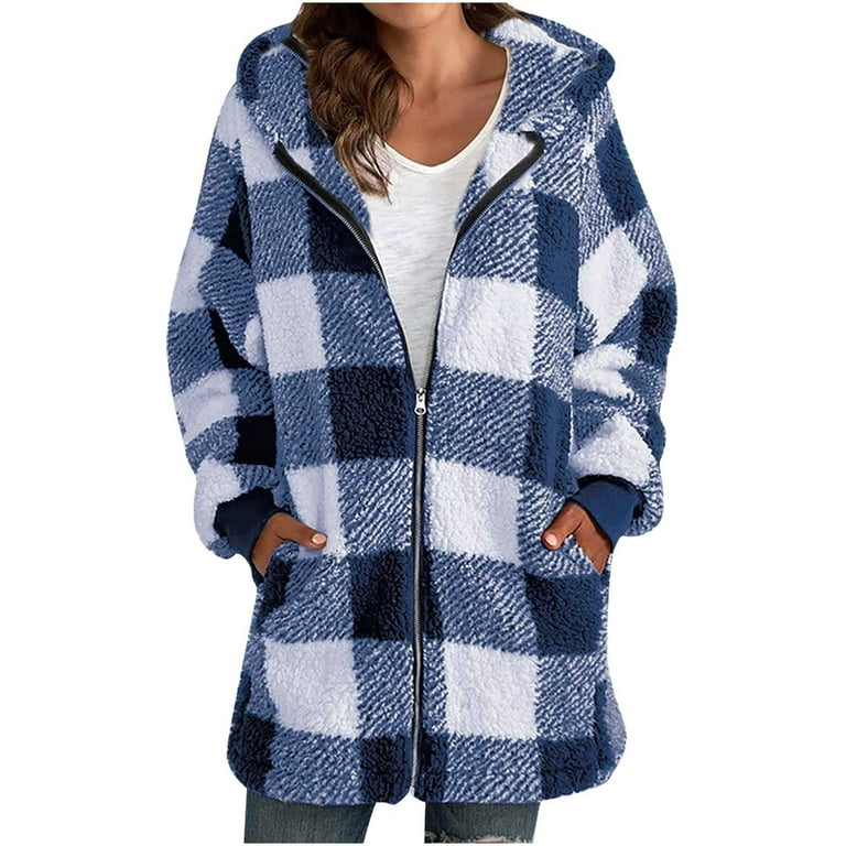XFLWAM Womens Oversized Plaid Sherpa Fuzzy Fleece Winter Coats Open Front  Hooded Cardigan Jackets Zip Up Outerwear Coat with Pockets Black L 