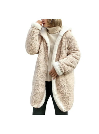 Canrulo Womens Fuzzy Fleece Lapel Open Front Long Cardigan Coat Teddy Bear  Faux Fur Fall Winter Outwear Jackets with Pockets Khaki S 