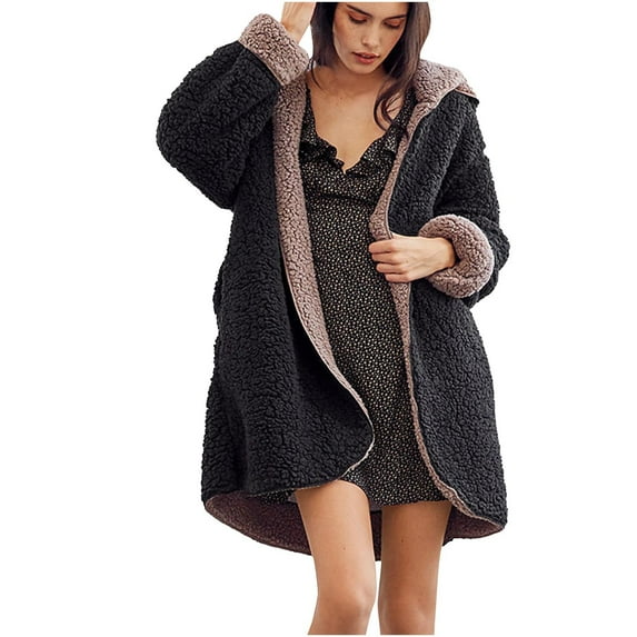 XFLWAM Womens Oversized Sherpa Jacket Fuzzy Fleece Teddy Coat with Pockets Open Front Hooded Cardigan Black XL