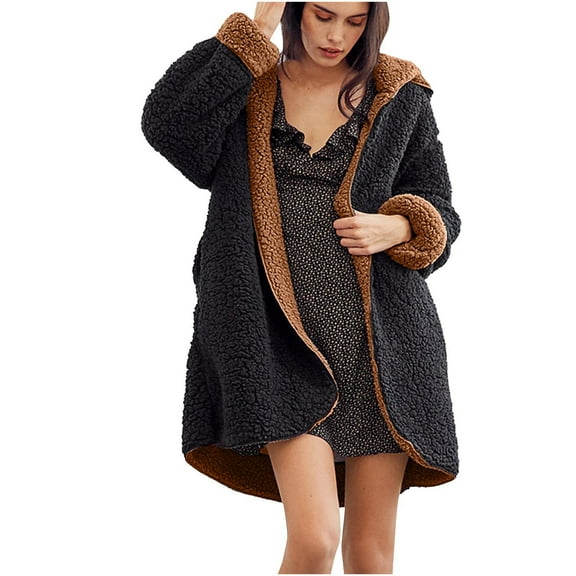 XFLWAM Womens Oversized Sherpa Jacket Fuzzy Fleece Teddy Coat with Pockets Open Front Hooded Cardigan Brown XXL