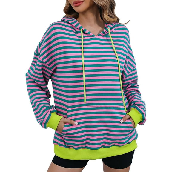 XFLWAM Womens Oversized Sweatshirts Hoodies Striped Drawstring Pullover Tops with Pocket Casual Comfy Fall Shirts Fashion Outfits Clothes Pink S