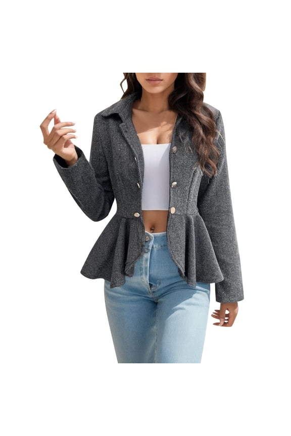 Womens Peplum Hem Blazer Jacket Open Front Button Down Business Work Office Tunic Coats Solid Color Tops Gray M