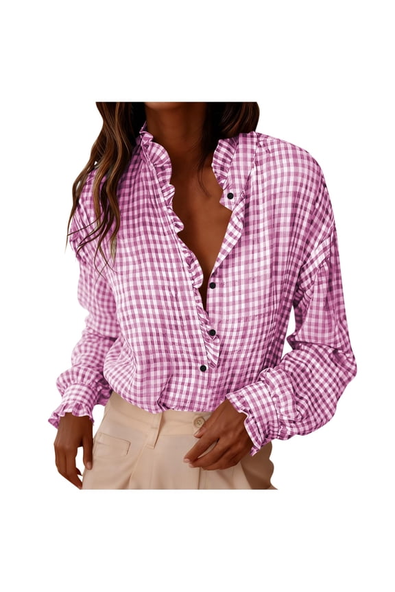 Womens Plaid Ruffle V Neck Tops Long Sleeve Button Down Shirts Casual Gingham Work Checkered Blouse