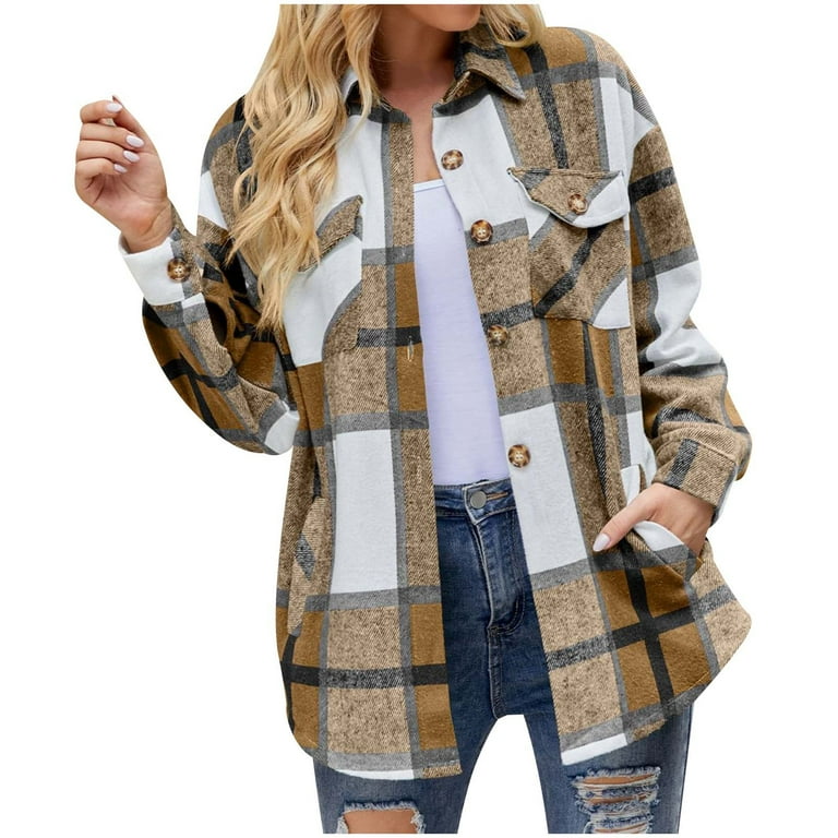XFLWAM Womens Plaid Shacket Casual Flannel Shirt Long Sleeve Coat Button  Down Fall Jacket Shacket with Pocket Khaki S 
