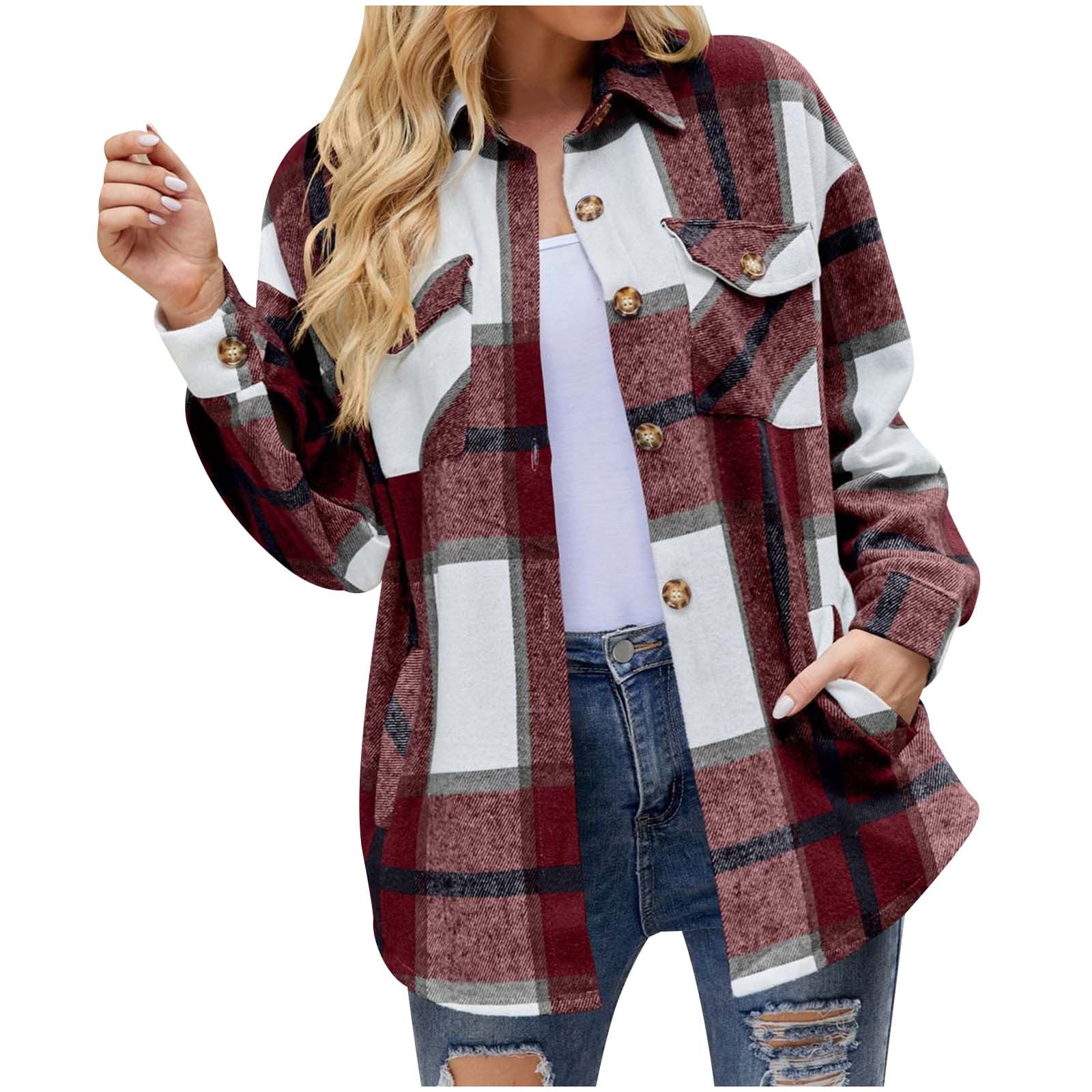 XFLWAM Womens Plaid Shacket Casual Flannel Shirt Long Sleeve Coat Button  Down Fall Jacket Shacket with Pocket Wine Red S 