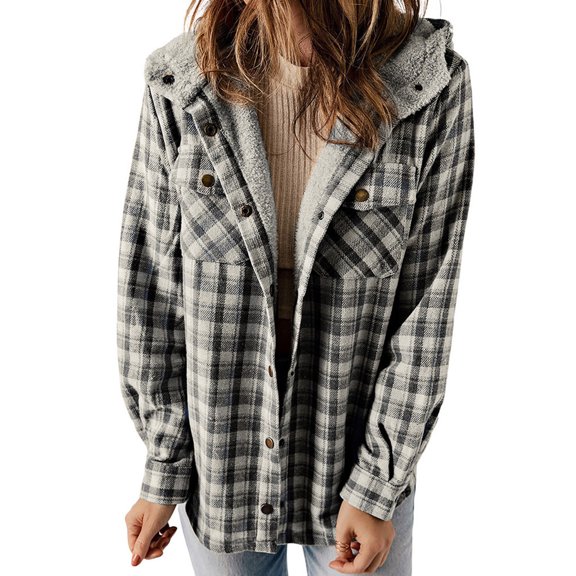 XFLWAM Womens Plaid Shacket Jacket Sherpa Lined Flannel Jackets Oversized Button Up Fleece Hooded Warm Coat