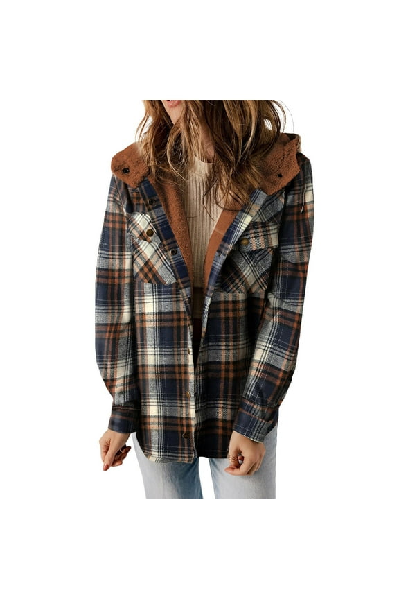 Womens Plaid Shacket Jacket Sherpa Lined Flannel Jackets Oversized Button Up Fleece Hooded Warm Coat