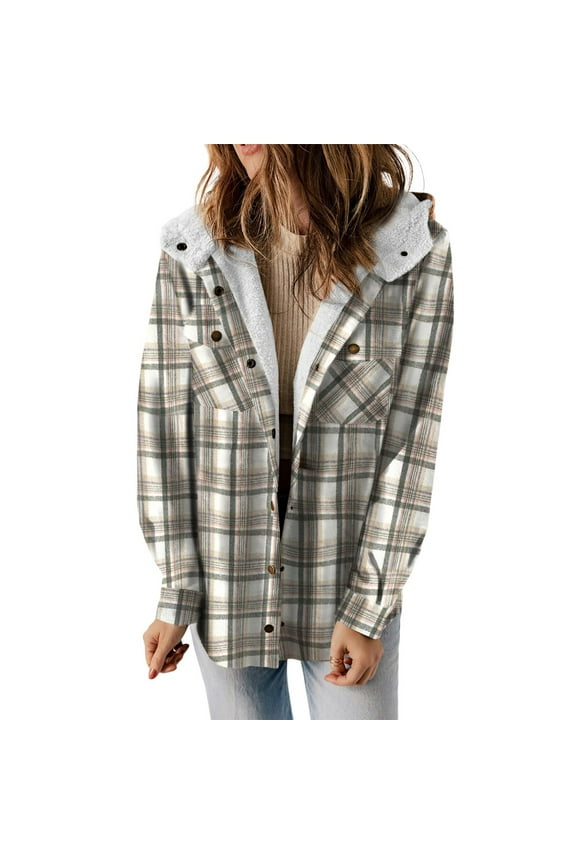 Womens Plaid Shacket Jacket Sherpa Lined Flannel Jackets Oversized Button Up Fleece Hooded Warm Coat