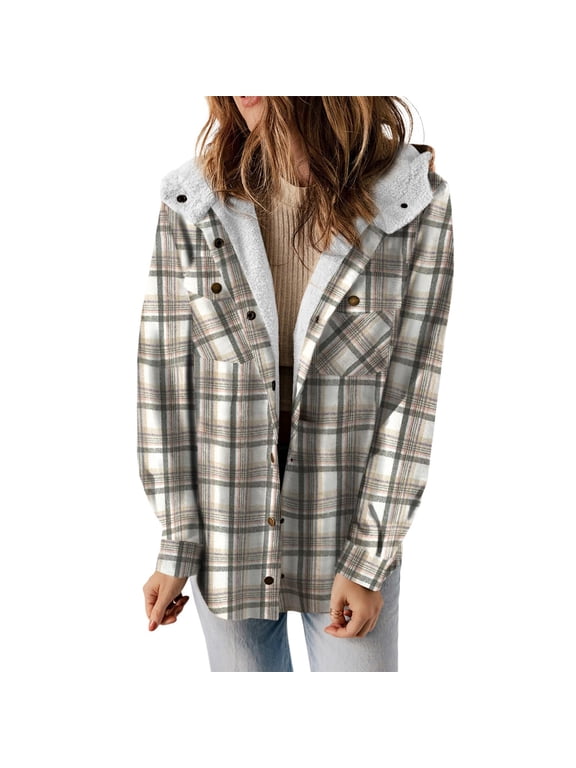 Womens Plaid Shacket Jacket Sherpa Lined Flannel Jackets Oversized Button Up Fleece Hooded Warm Coat