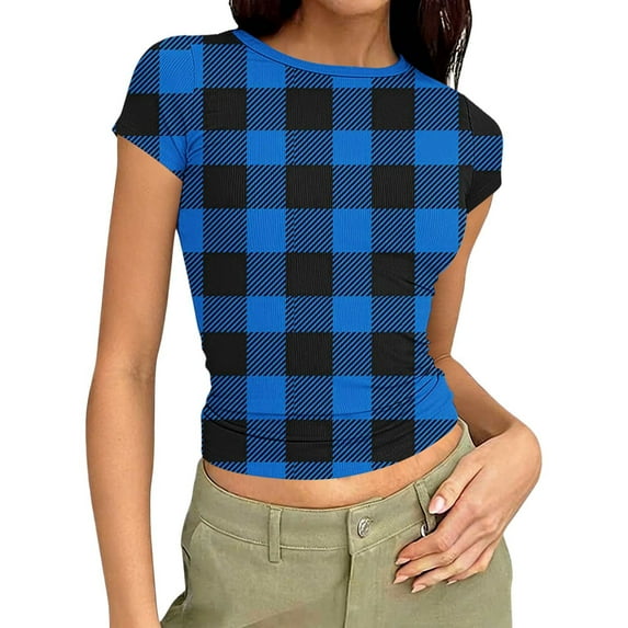 XFLWAM Womens Plaid Short Sleeve Crop Tops Crew Neck Ribbed Knit T Shirts Casual Slim Fitted Gym Workout Tee Shirts