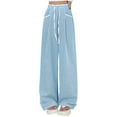 thumbnail image 1 of XFLWAM Womens Plaid Wide Leg Pants Ruched Drawstring Elastic High Waisted Pants Casual Loose Fit Baggy Trousers with Pockets Light Blue M, 1 of 6