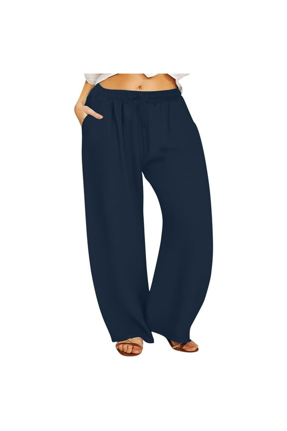Womens Plus Size Fleece Lining Pants Straight Leg Drawstring Elastic High Waist Trendy Pants Casual Loose Comfy Palazzo Pants with Pockets Navy Blue 3XL