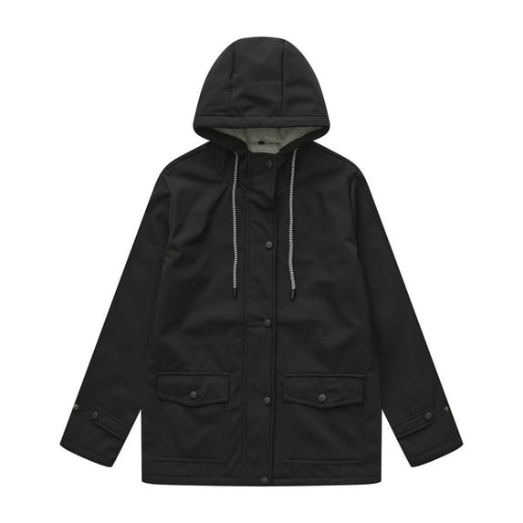 XFLWAM Womens Plus Size Windbreaker Fleece Lined Waterproof Hooded Raincoats Casual Drawstring Zip Up Lightweight Outdoor Rain Jacket Black XXL