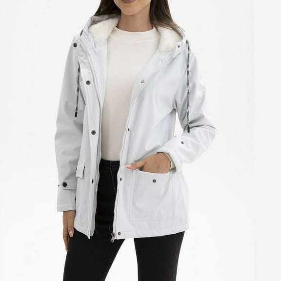 XFLWAM Womens Plus Size Windbreaker Fleece Lined Waterproof Hooded Raincoats Casual Drawstring Zip Up Lightweight Outdoor Rain Jacket White XL