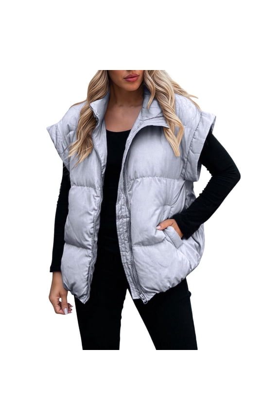 Womens Quilted Puffer Vest Casual Stand Collar Cap Sleeve Jacket Vest Full Zip Sleeveless Bubble Padded Warm Coat Outerwear