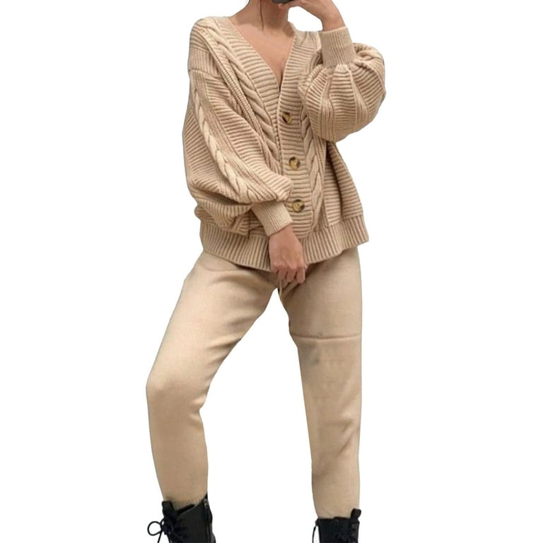 XFLWAM Womens Ribbed Knit 2 Piece Outfits V Neck Long Sleeve Button Down  Sweater Cardigan and Long Pants Tracksuit Sweater Lounge Sets Beige S 