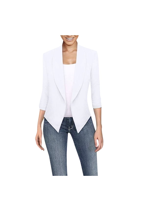 Womens Ruched 3/4 Sleeve Draped Blazers Plus Size Open Front Business Work Suit Office Blazer Jackets Casual Basic Cardigan L