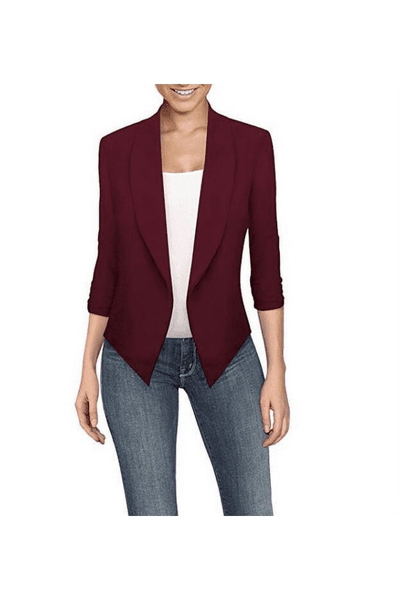 Womens Ruched 3/4 Sleeve Draped Blazers Plus Size Open Front Business Work Suit Office Blazer Jackets Casual Basic Cardigan Wine S