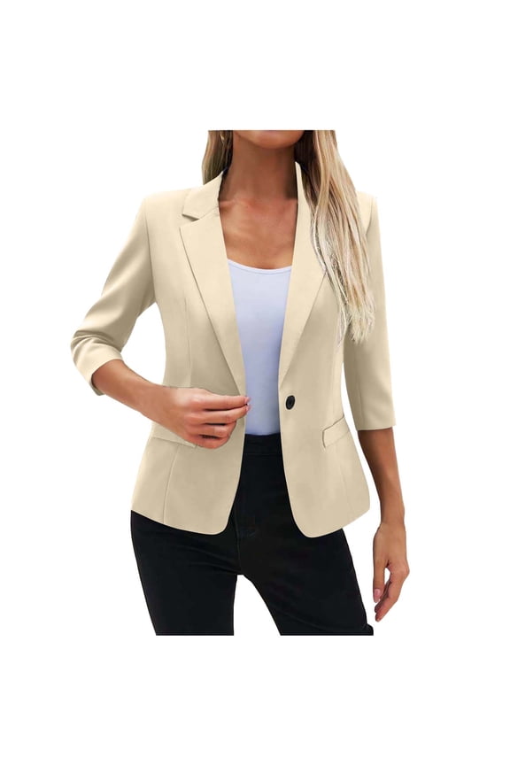 Womens Ruched Three Quarter Sleeve Blazers Business Casual Suit Jacket Elegant Slim Fit Work Office Blazer with Padded Shoulder Beige XXL