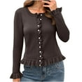 thumbnail image 1 of XFLWAM Womens Ruffle Cardigan Sweaters Button Up Crew Neck Long Sleeve Cropped Sweater Cute Soft Knit Tops Coffee S, 1 of 9