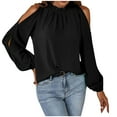 thumbnail image 1 of XFLWAM Womens Ruffle Mock Neck Tops Cold Shoulder Puff Long Sleeve Blouses Elegant Solid Color Shirts Black S, 1 of 9