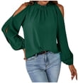 thumbnail image 1 of XFLWAM Womens Ruffle Mock Neck Tops Cold Shoulder Puff Long Sleeve Blouses Elegant Solid Color Shirts Green L, 1 of 9