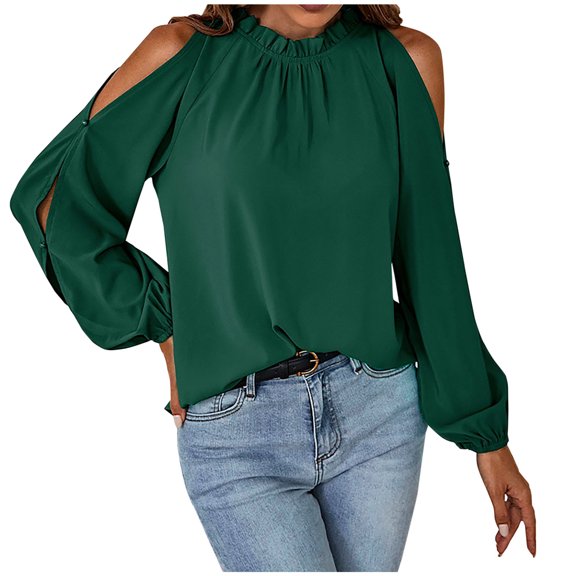 XFLWAM Womens Ruffle Mock Neck Tops Cold Shoulder Puff Long Sleeve Blouses Elegant Solid Color Shirts Green M