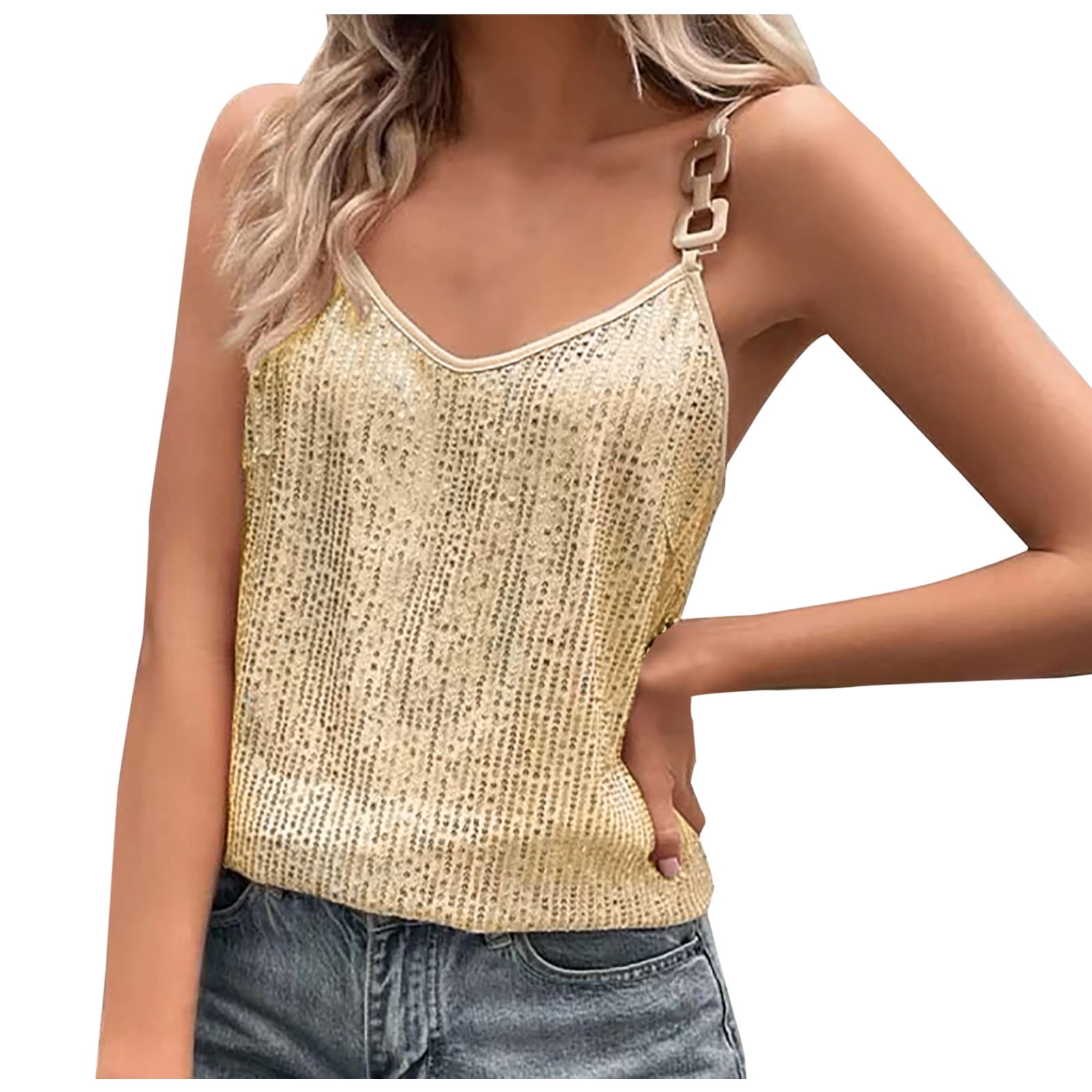 XFLWAM Womens Sequin Cami Top V Neck Strappy Sparkle