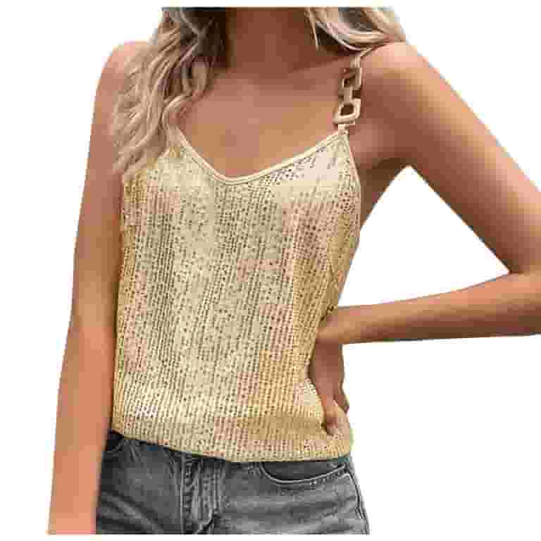 【HI FI FNK】Spark Washed Top XFLWAM Womens Sequin Cami Top V Neck Strappy Sparkle