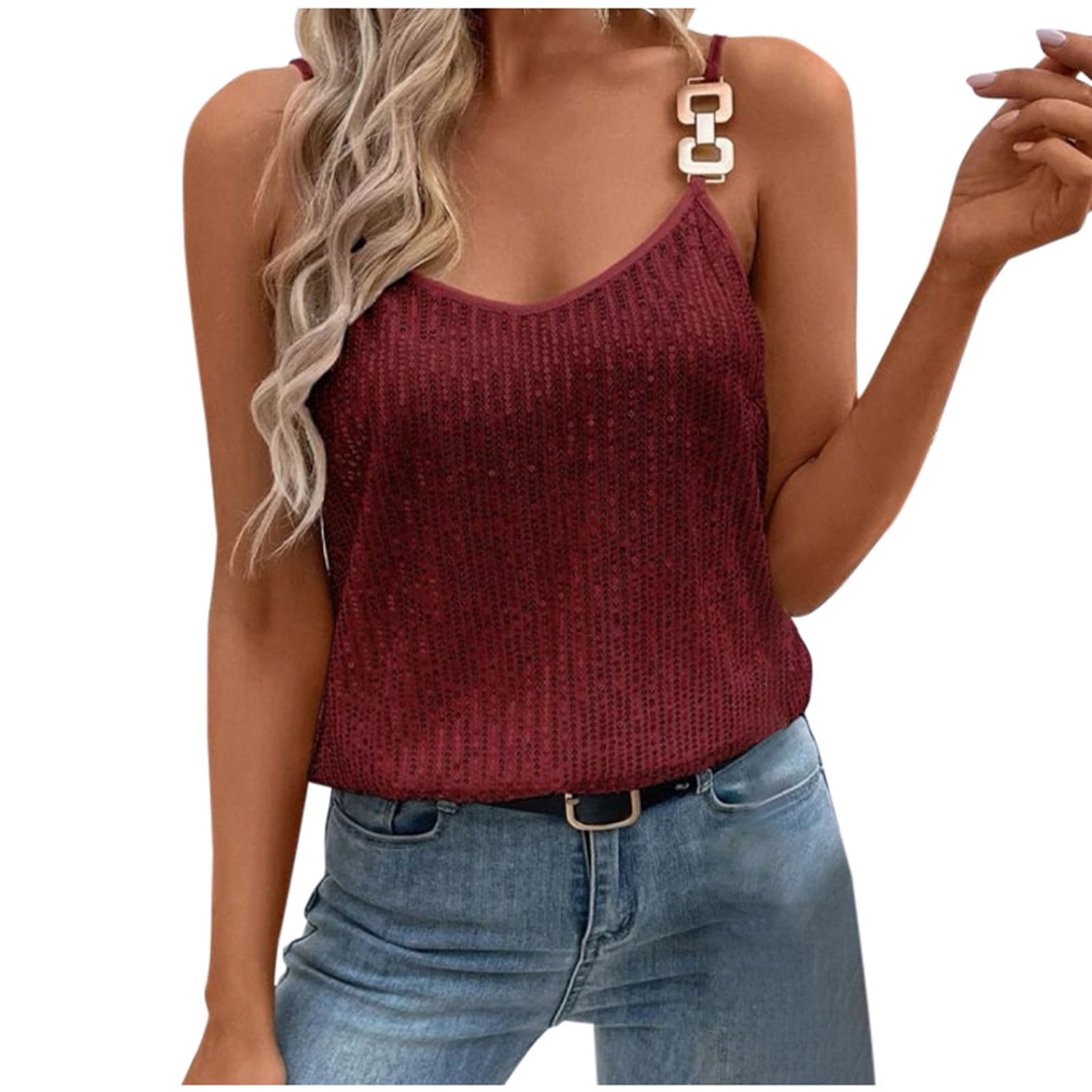 XFLWAM Womens Sequin Cami Top V Neck Strappy Sparkle Camisole