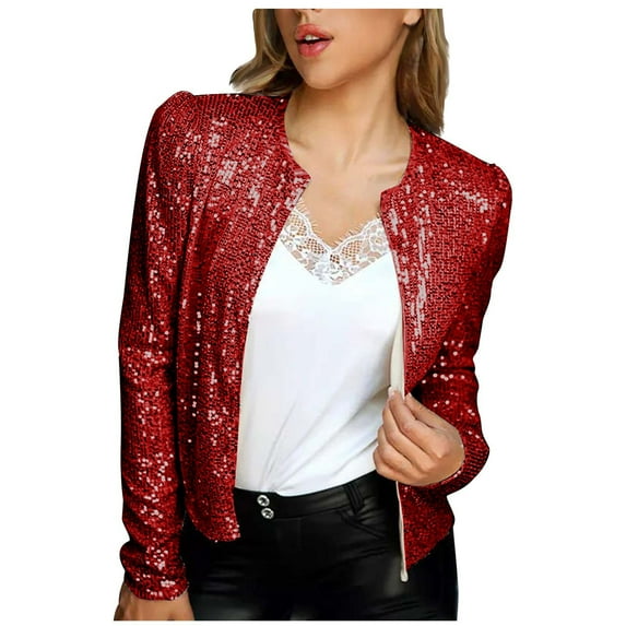 XFLWAM Womens Sequin Jacket Casual Long Sleeve Front Zip Party Blazer Coat with Pockets Red M