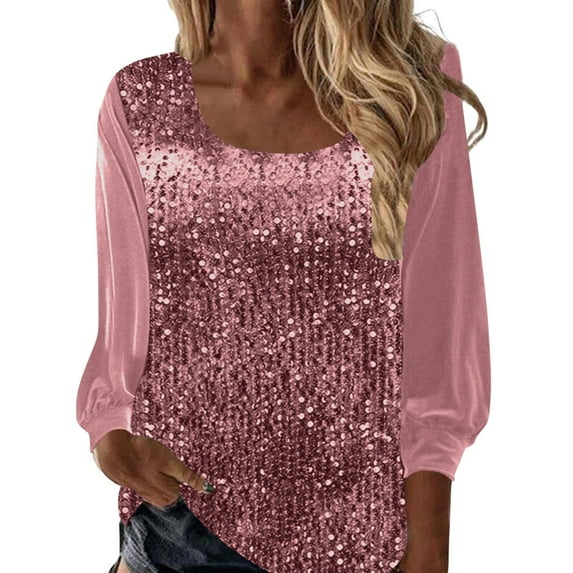 XFLWAM Womens Sequin Tops Glitter Scoop Neck Long Sleeve Shirts Dressy Sparkly Blouse for Evening Concert Party