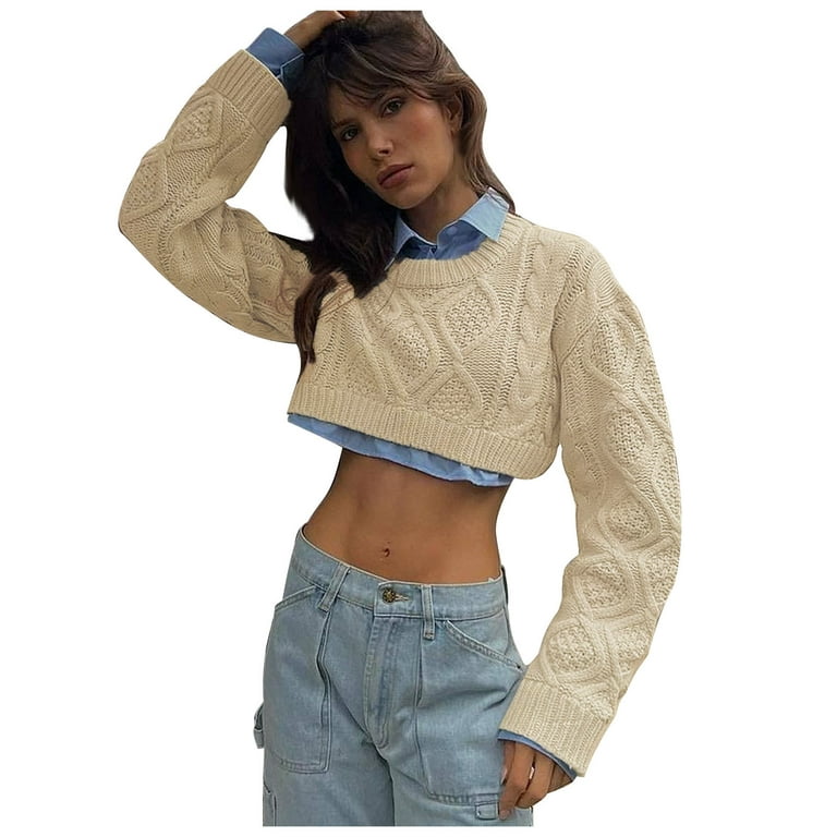 XFLWAM Womens Sexy Crew Neck Cropped Sweaters Ribbed Knit Long