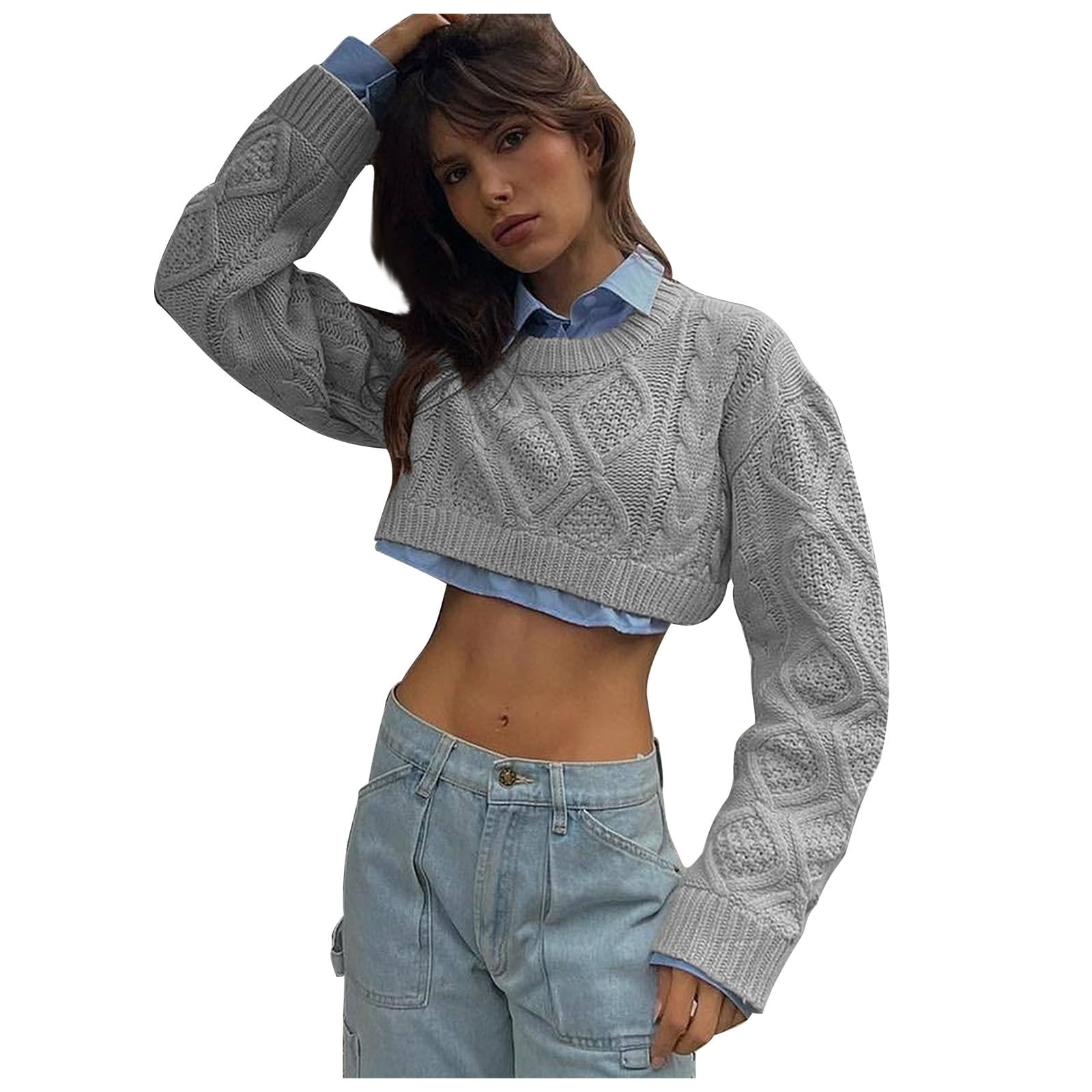 XFLWAM Womens Sexy Crew Neck Cropped Sweaters Ribbed Knit Long 