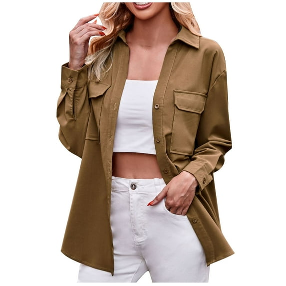 XFLWAM Womens Shacket Jacket Boyfriend Button Down Shirt Outerwear Fall Clothes Casual Loose Long Sleeve Blouses Tops