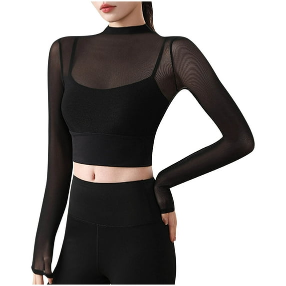 XFLWAM Womens Sheer Mesh Crop Top Long Sleeve Mock Neck Tops Casual Slim Workout Yoga Fitness T Shirts