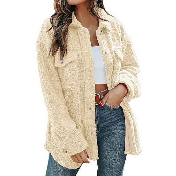 XFLWAM Womens Sherpa Fleece Jacket Solid Button Down Shirt Jacket Long Sleeve Shacket with Pockets Lapel Coat Beige S
