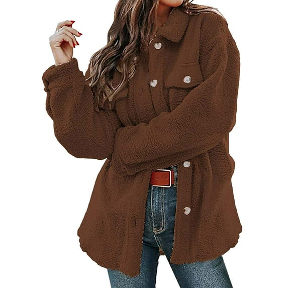 XFLWAM Womens Sherpa Fleece Jacket Solid Button Down Shirt Jacket Long Sleeve Shacket with Pockets Lapel Coat Brown XL