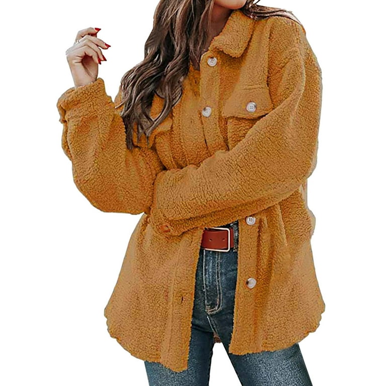XFLWAM Womens Sherpa Fleece Jacket Solid Button Down Shirt Jacket Long  Sleeve Shacket with Pockets Lapel Coat Yellow S 
