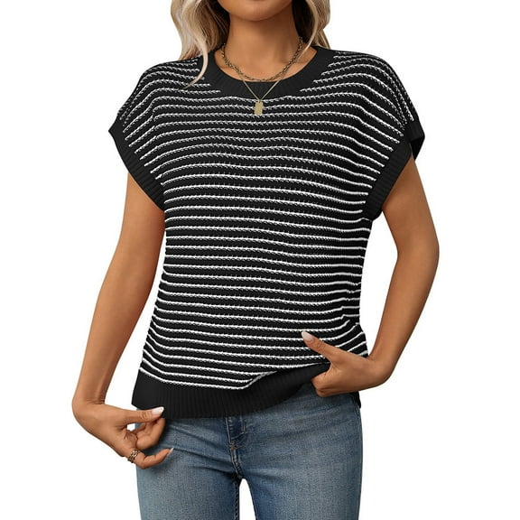 XFLWAM Womens Short Sleeve Sweater Spring Summer Round Neck Striped Pullover Cap Sleeve Knit Sweater Vest Tops