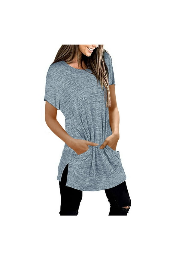 Womens Short Sleeve T Shirt Crewneck Casual Loose Tops with Pockets Solid Color Basic Side Split Tunic Long Tshirts Blue XXL