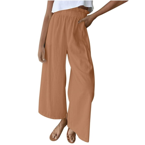 XFLWAM Womens Smocked Ruffle High Waisted Wide Leg Pants Casual Loose Yoga Sweatpants Lounge Pajamas with Pockets Brown S