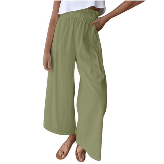 XFLWAM Womens Smocked Ruffle High Waisted Wide Leg Pants Casual Loose Yoga Sweatpants Lounge Pajamas with Pockets Green S