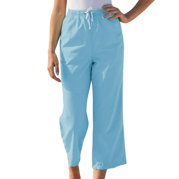 XFLWAM Womens Solid Color Drawstring Cotton Linen Casual Loose Wide Leg Straight Pants