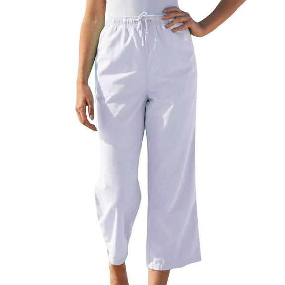 XFLWAM Womens Solid Color Drawstring Cotton Linen Casual Loose Wide Leg Straight Pants