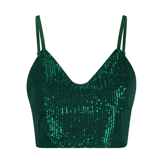 XFLWAM Womens Sparkly Sequin Top Spaghetti Strap Crop Top Glitter Sleeveless V Neck Vest Tank Tops Rave Disco Concert Outfit Army Green XS
