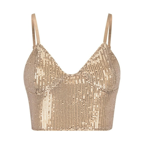 XFLWAM Womens Sparkly Sequin Top Spaghetti Strap Crop Top Glitter Sleeveless V Neck Vest Tank Tops Rave Disco Concert Outfit Gold L