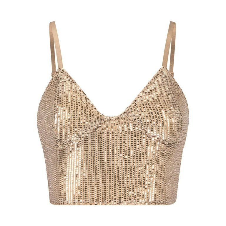 XFLWAM Womens Sparkly Sequin Top Spaghetti Strap Crop Top Glitter